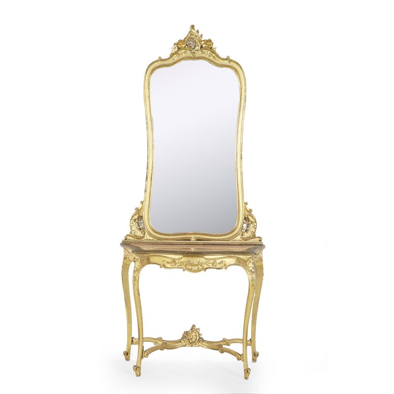 Consolle in legno intagliato e dorato con specchiera. XX secolo  - Auction Antique - Cambi Casa d'Aste