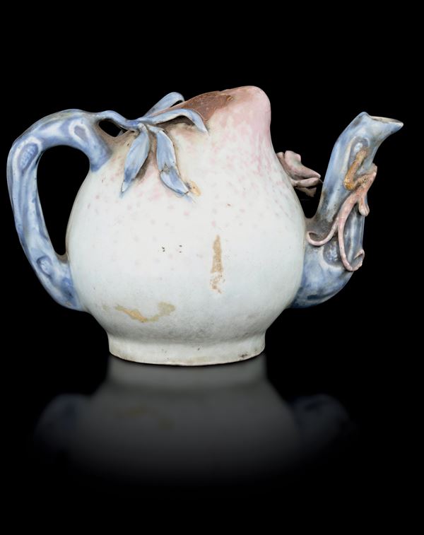 Rare light blue and red glaze porcelain wine pourer with relief leaves, China, Qing Dynasty, Qianlong period, 18th century