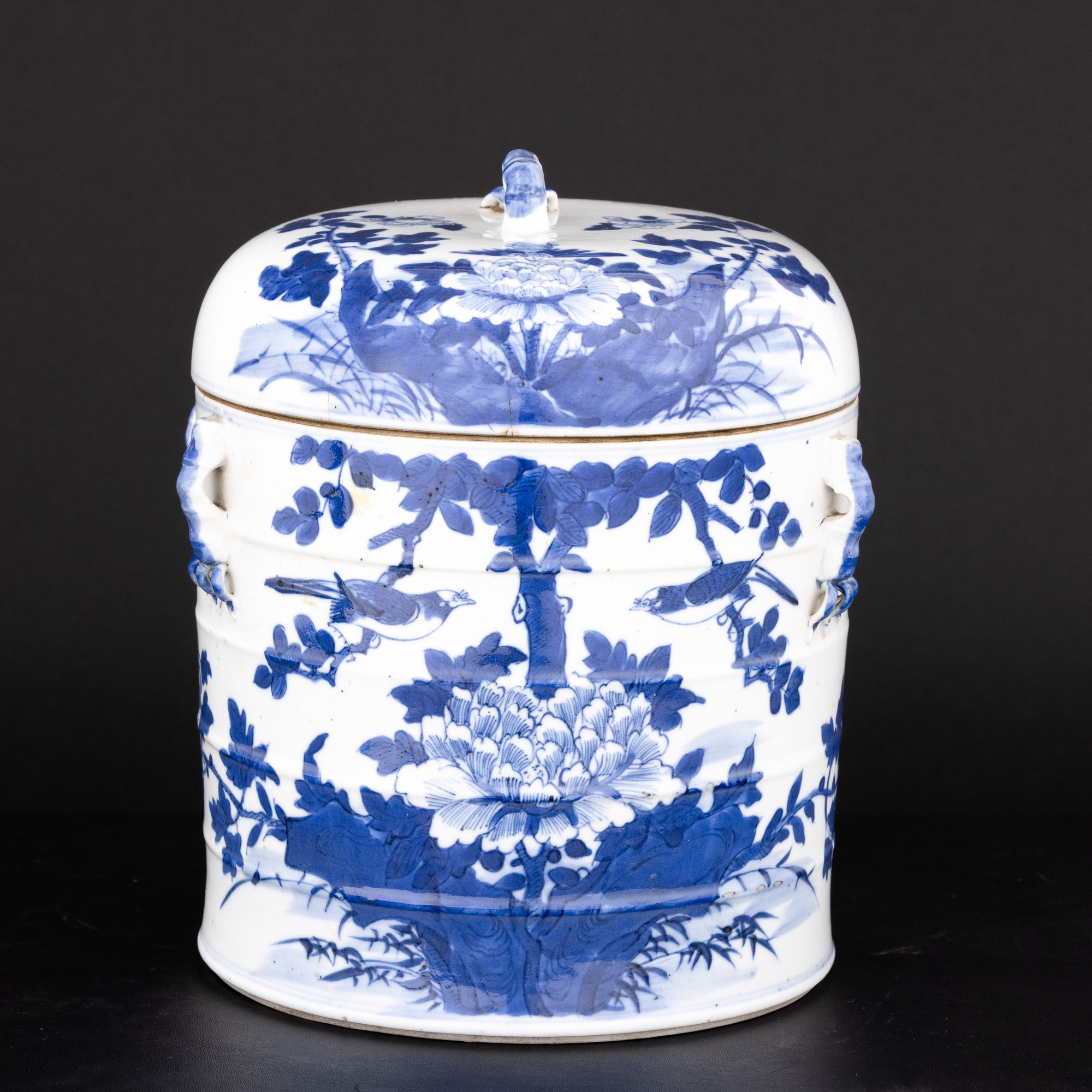 Contenitore in Porcellana Bianca e Blu con Coperchio, Soggetto Naturalistico, Cina, Dinatia Qing,...