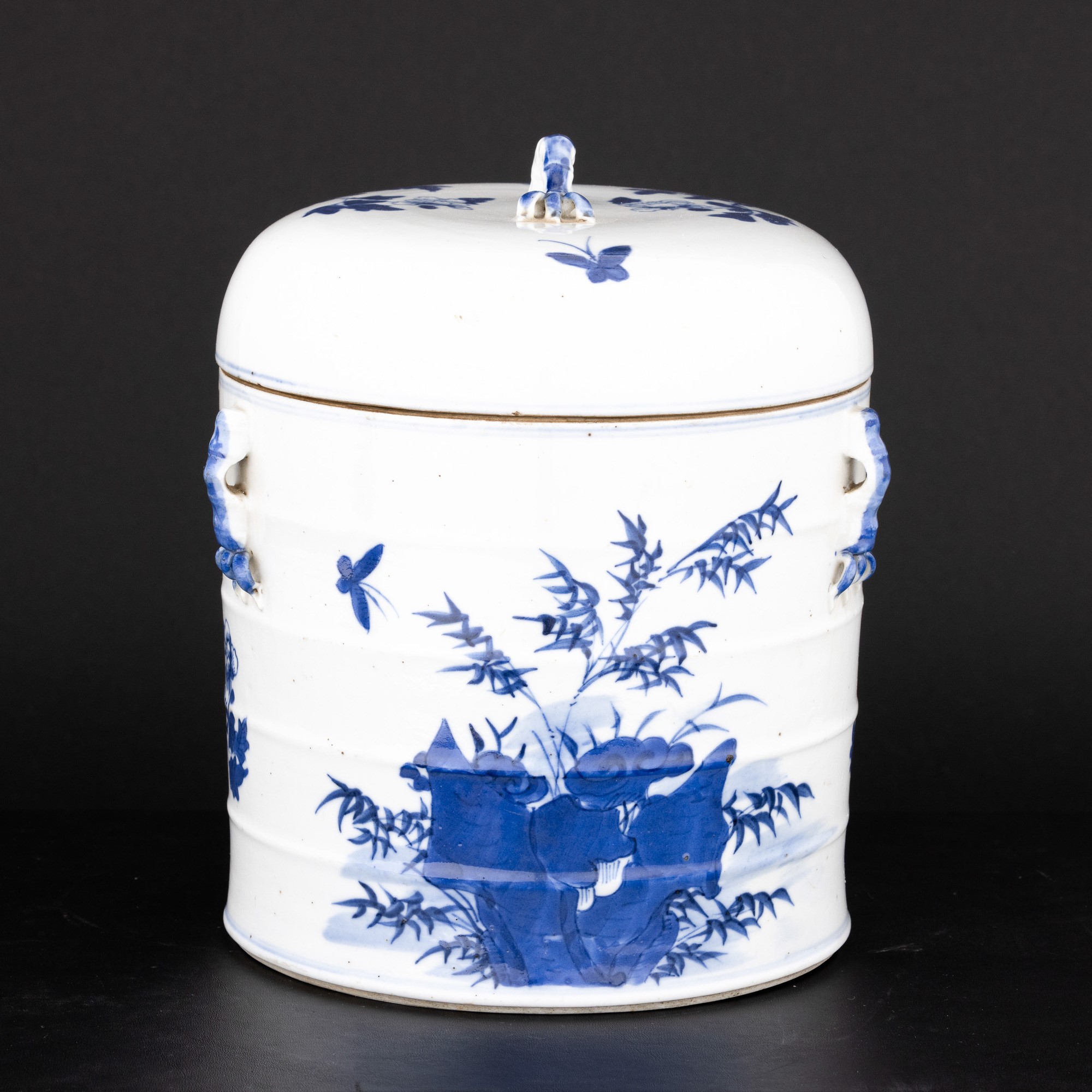 Contenitore in Porcellana Bianca e Blu con Coperchio, Soggetto Naturalistico, Cina, Dinatia Qing,...