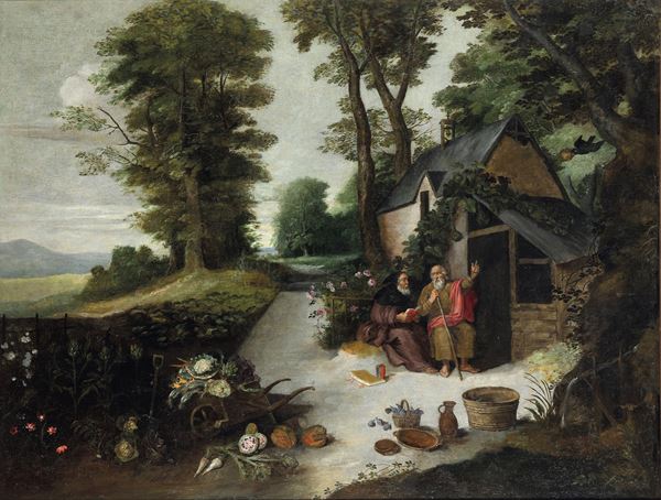 Jan Brueghel il Giovane (1601 Anversa - 1678 Anversa), bottega di Sant'Antonio abate e San Paolo ricevono il pane dal corvo