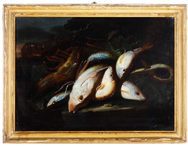 Natura morta con pesci e crostacei<BR>Piccioni con tartaruga