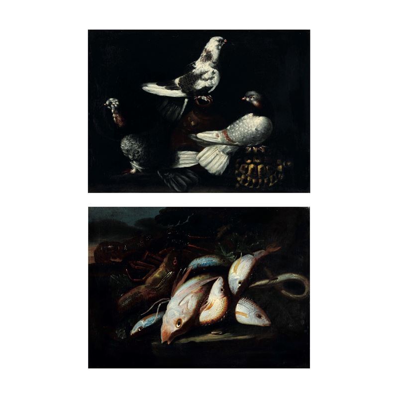 Elena Recco : Natura morta con pesci e crostacei Piccioni con tartaruga  - olio su tela - Asta Dipinti Antichi - I - Cambi Casa d'Aste
