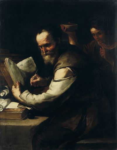 Santippe versa l'acqua sul collo di Socrate, olio su tela