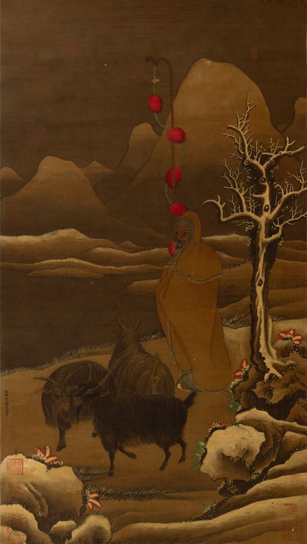 Scroll dipinto su carta seta arrotolato raffigurante saggio con capra, scritte e timbri rossi, Cina, XX secolo