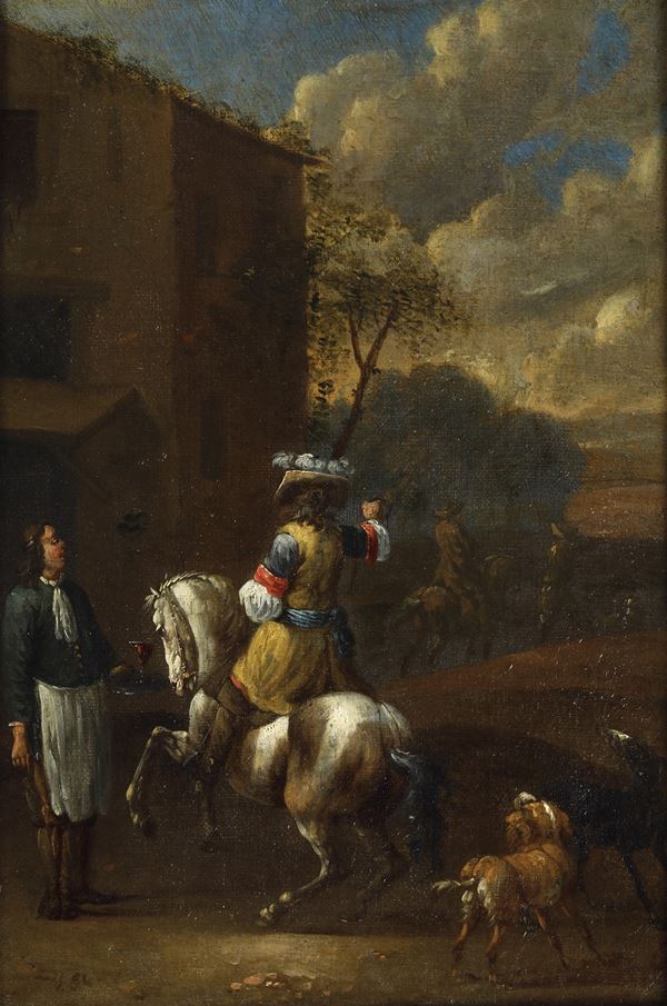 Scuola fiamminga del XVIII secolo Ristoro di un nobiluomo a cavallo