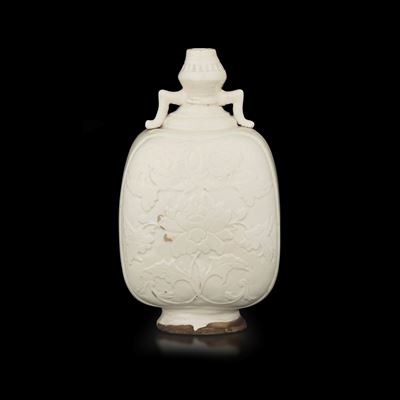 Rara Moon Flask in Ceramica Gres, in Stila Ding con Fiori a Rilievo, Cina, Dinastia Yuan/ming