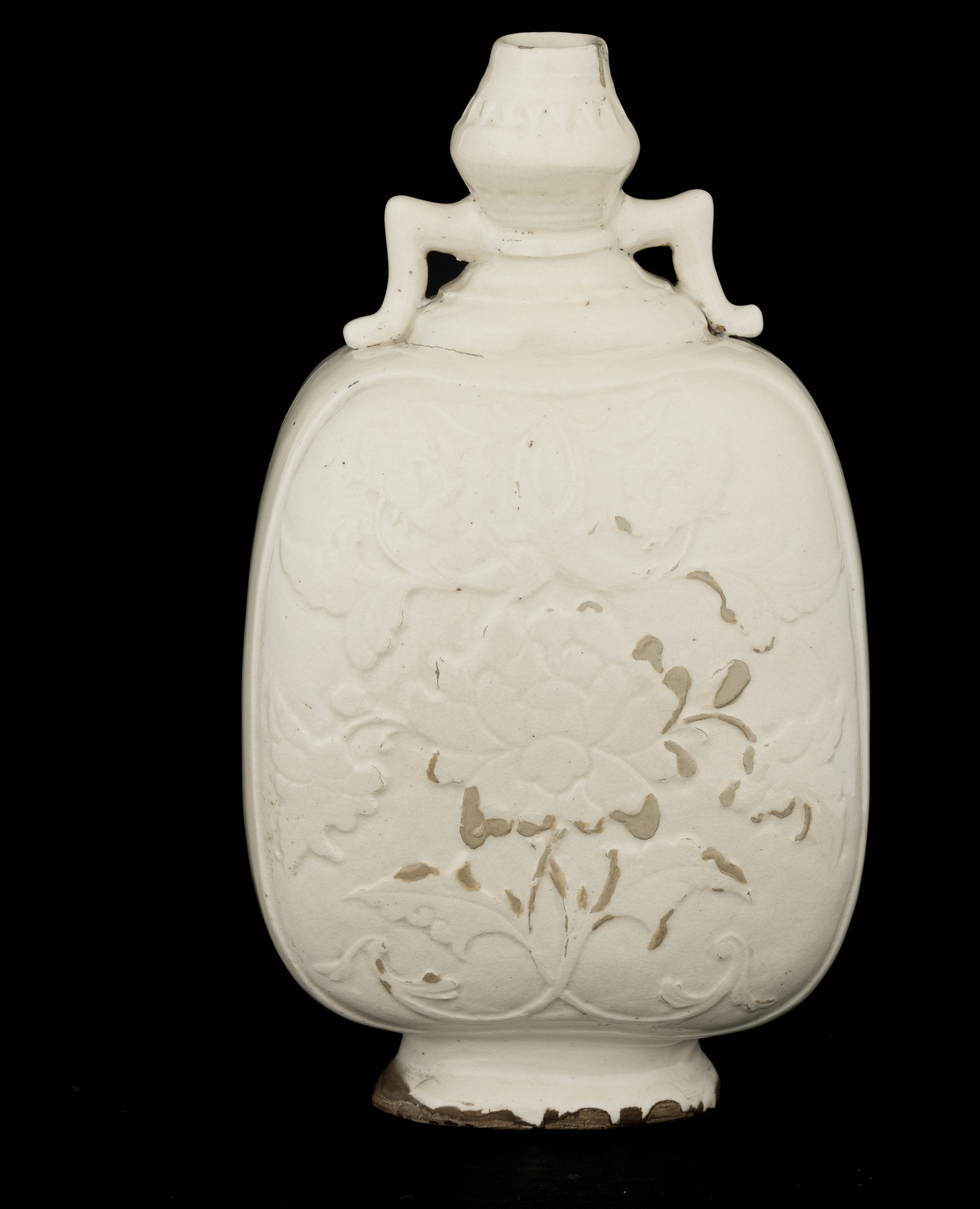 Rara Moon Flask in Ceramica Gres, in Stila Ding con Fiori a Rilievo, Cina, Dinastia Yuan/ming