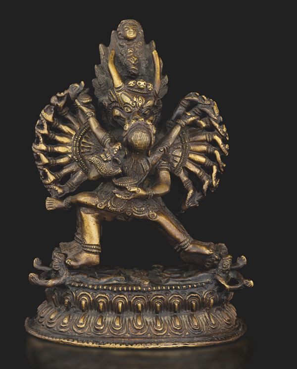 Bronze Yamantaka Vajra figure on double lotus flower, Tibet, 18th - 19th century