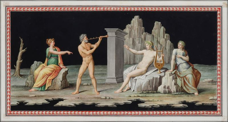 Michelangelo Maestri : Marsia sfida Apollo  - gouache su carta - Asta Dimore Italiane - Cambi Casa d'Aste
