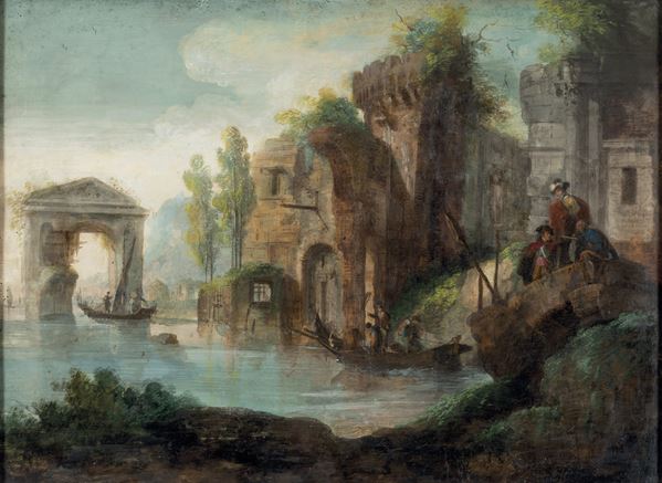 Giuseppe Bernardino Bison - Paesaggio fluviale con imbarcazioni e personaggi