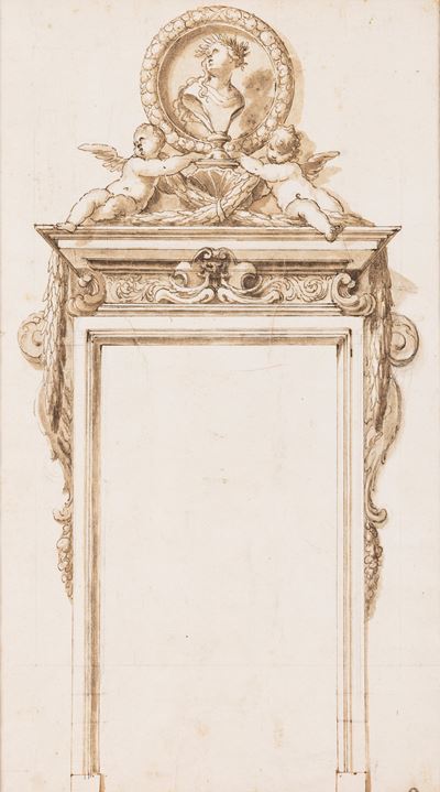 Studio per un portale con due putti e un busto, penna, inchiostro bruno e acquerello su carta