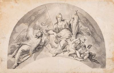 Figura allegorica, penna, inchiostro e acquerello grigio su carta