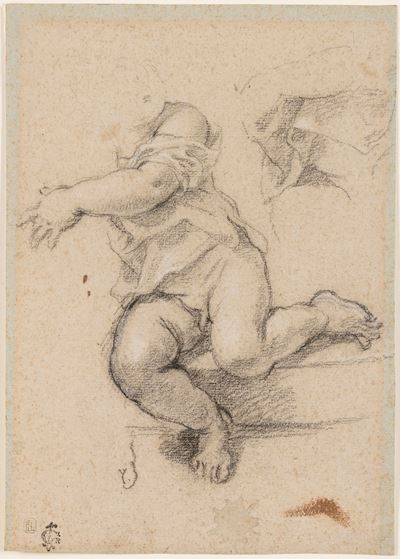 Scuola romana del XVII secolo, Studio per figura di bambino, matita nera su carta preparata