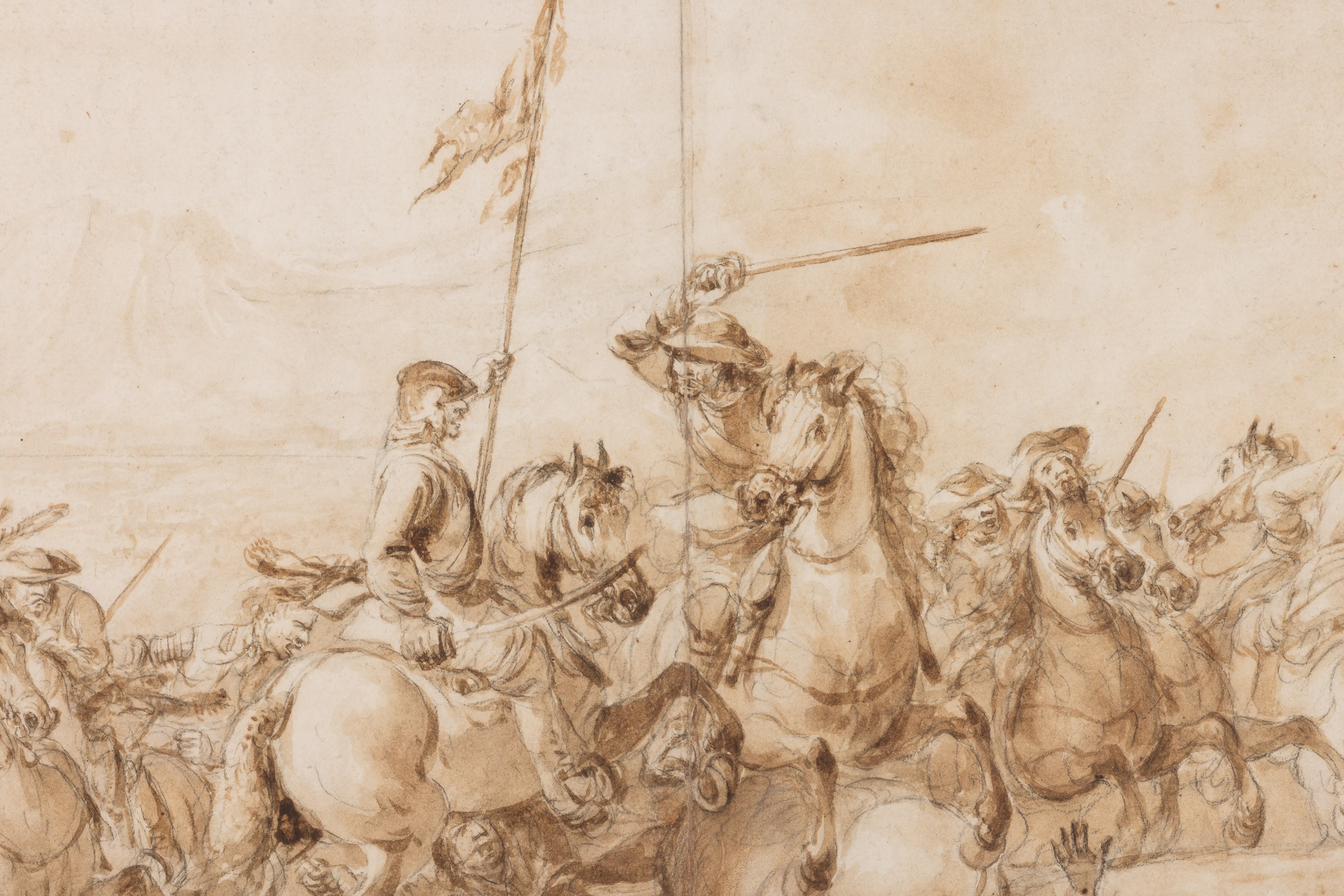Francesco Simonini - Scontro di cavalleria, matita nera e acquerello bruno su carta