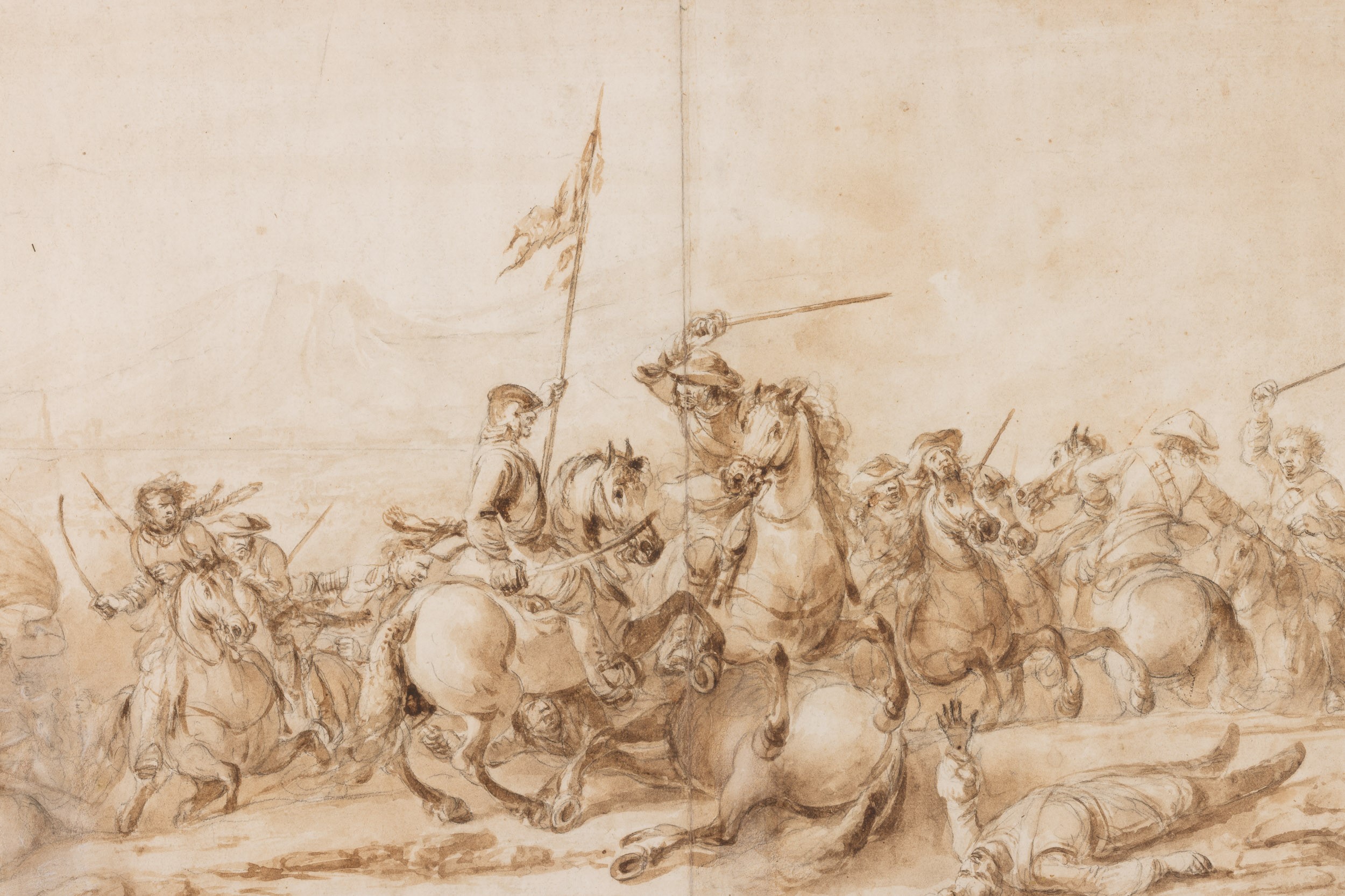 Francesco Simonini - Scontro di cavalleria, matita nera e acquerello bruno su carta