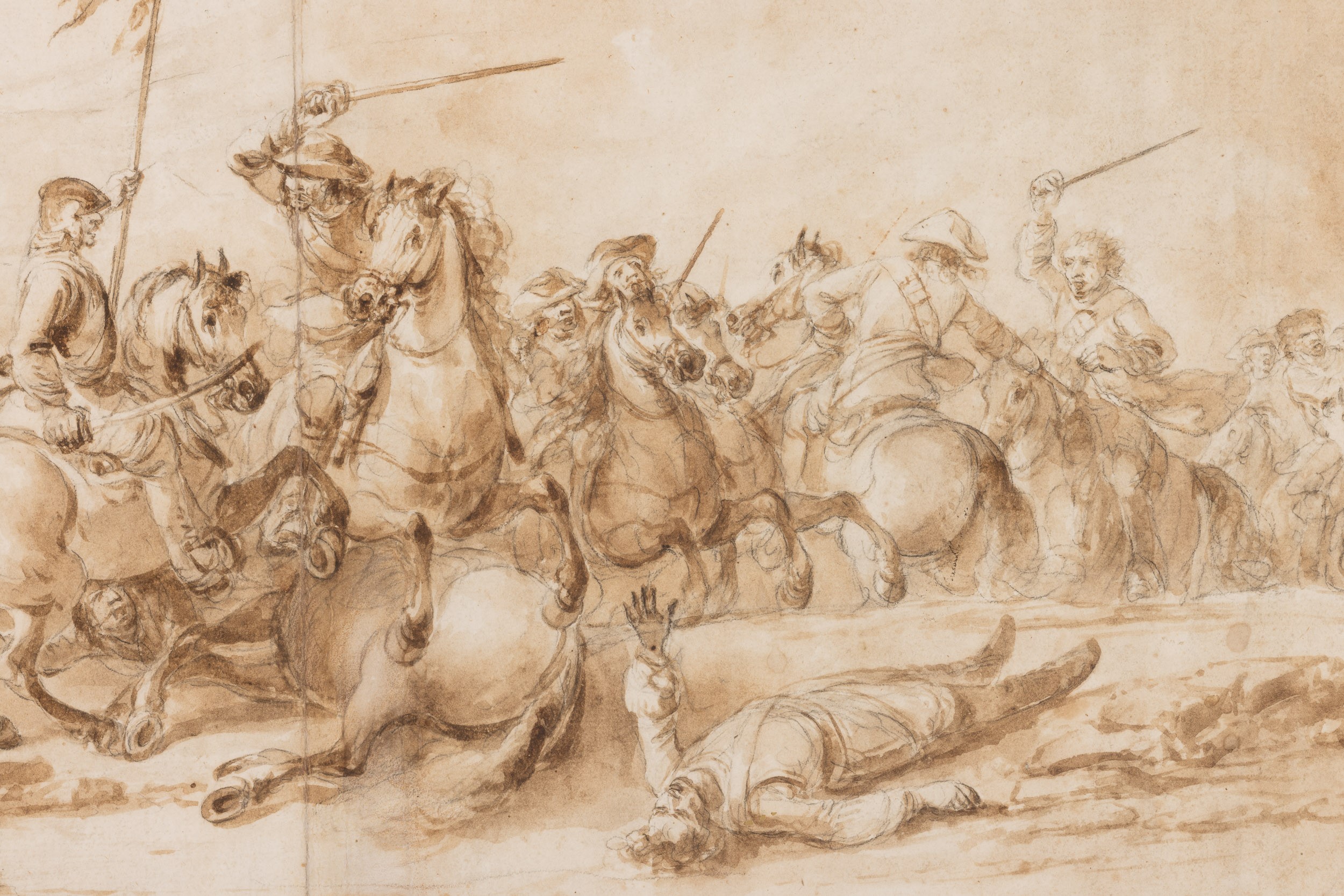 Francesco Simonini - Scontro di cavalleria, matita nera e acquerello bruno su carta