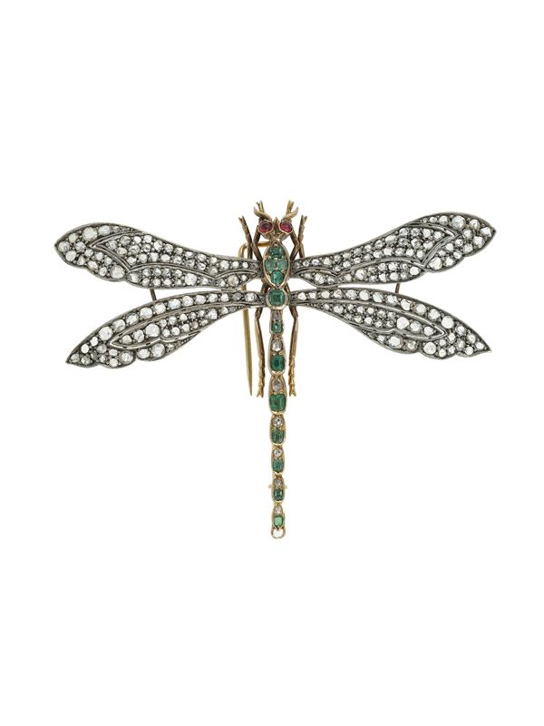 Rose-cut diamond, emerald, ruby, gold and low-karat gold "dragonfly" brooch. Few stones missing