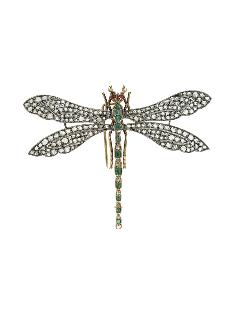 Rose-cut diamond, emerald, ruby, gold and low-karat gold "dragonfly" brooch. Few stones missing  - Auction Fine Jewels - Cambi Casa d'Aste