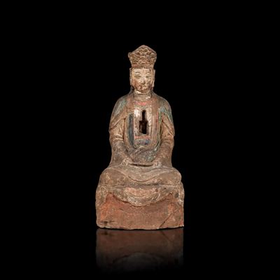 Rara e Grande e Rara Figura di Guanyin Incoronata Seduta in Pietra, Cina, Dinastia Song, X-XIII S...