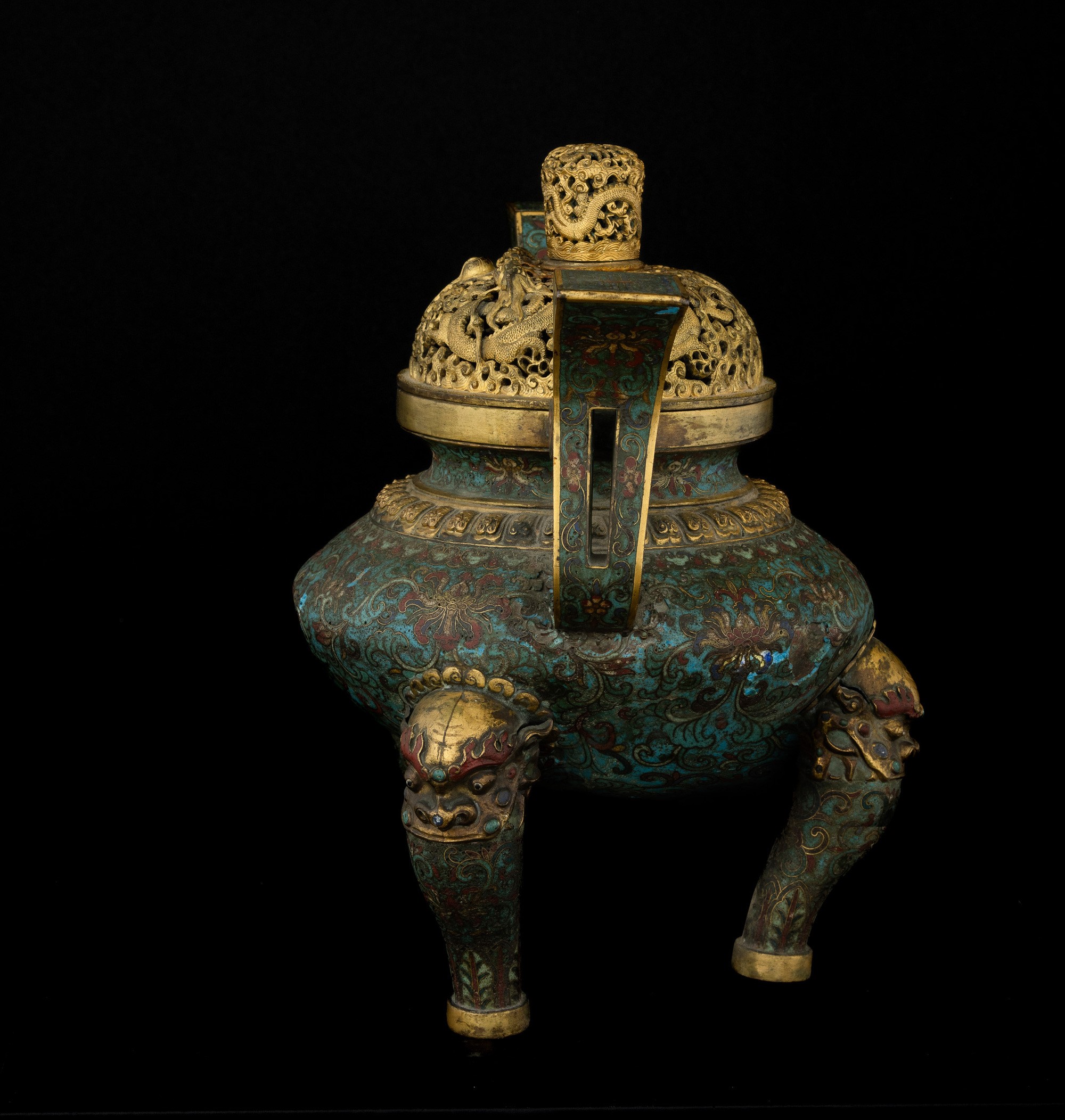 Importante Incensiere Cloisonné di Commitenza Imperiale in Bronzo a Decoro Floreale, Coperchio e ...