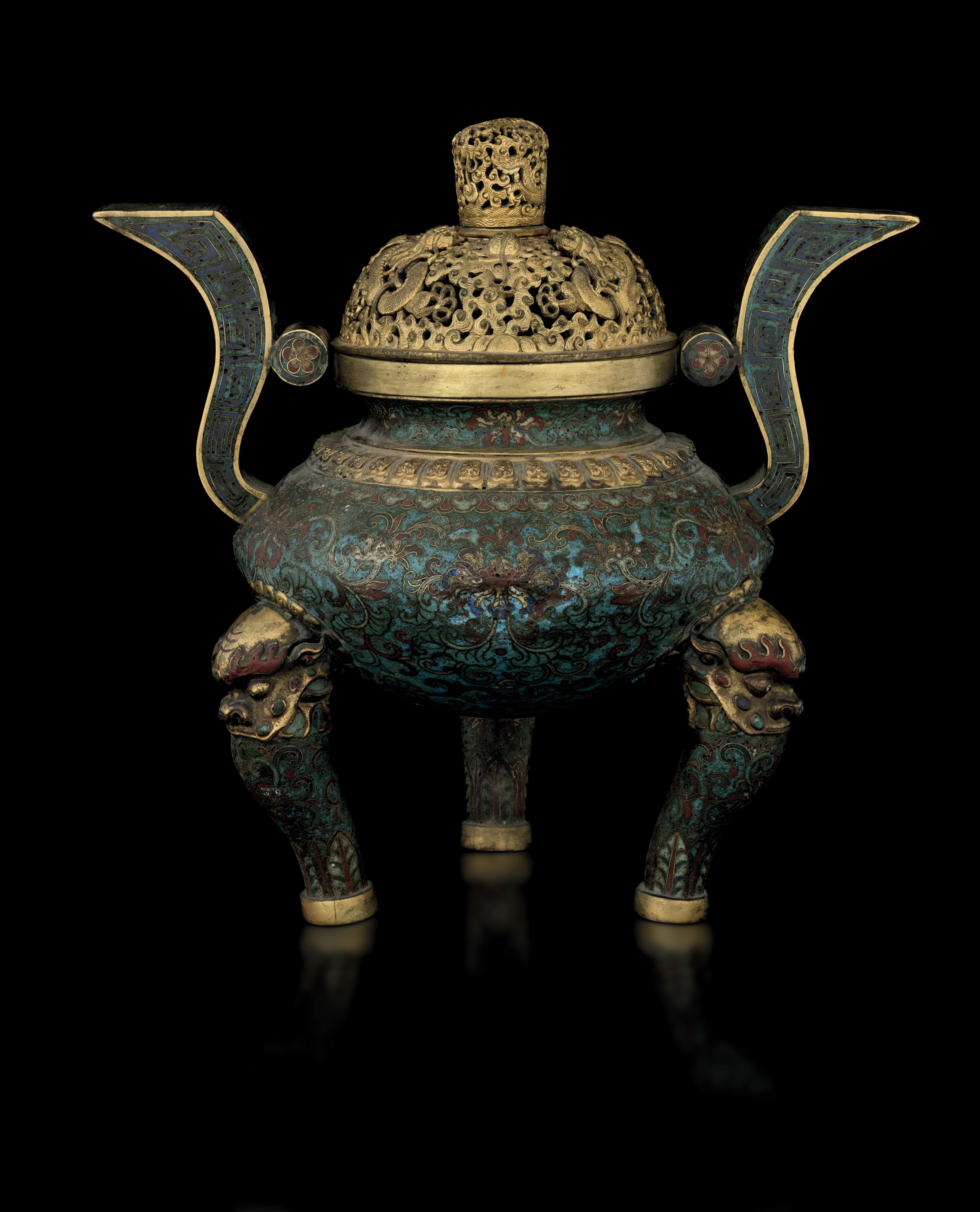 Importante Incensiere Cloisonné di Commitenza Imperiale in Bronzo a Decoro Floreale, Coperchio e ...