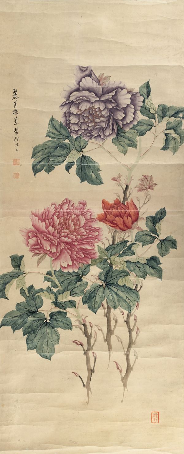 Scroll raffigurante peonia, autore Liying, Cina, XX secolo