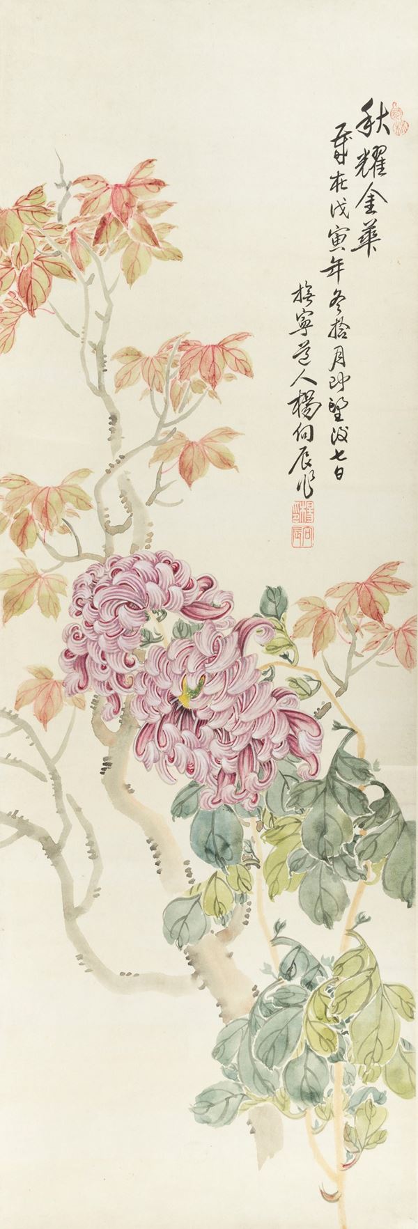 Grande Scroll su carta raffigurante fiori con iscrizioni, Cina, XX secolo