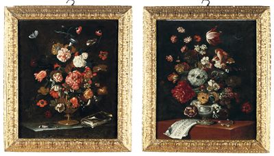 Scuola Emiliana del XVII secolo, Natura morta con vasi di fiori, spartito e libro, olio su tela
