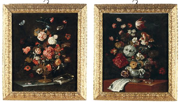 Scuola emiliana della seconda metà del XVII secolo Nature morte con vasi di fiori, spartito e libro