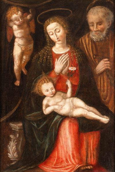 Scuola del XVII secolo, Sacra Famiglia con angelo, olio su tela