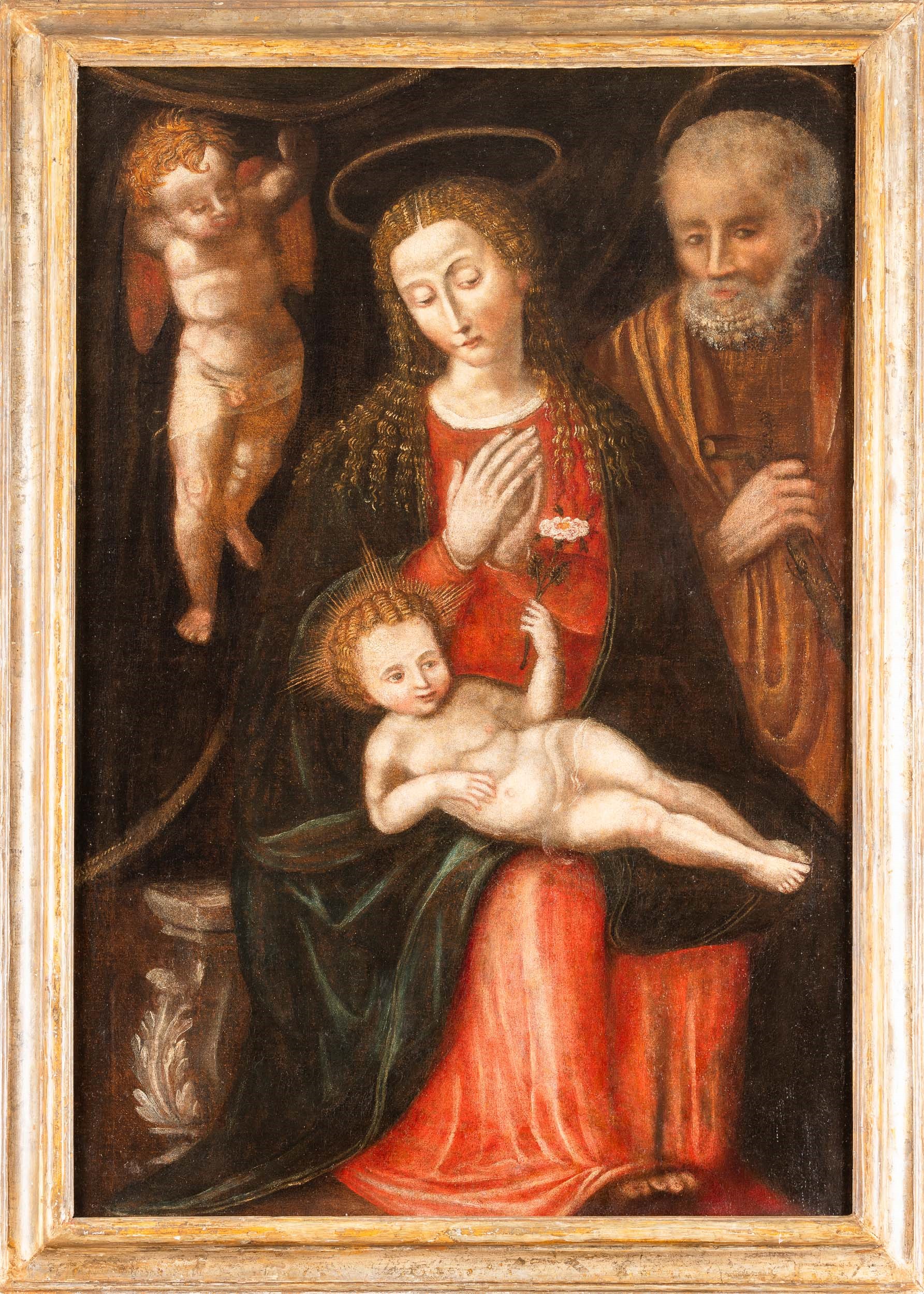 Scuola del XVII secolo, Sacra Famiglia con angelo, olio su tela