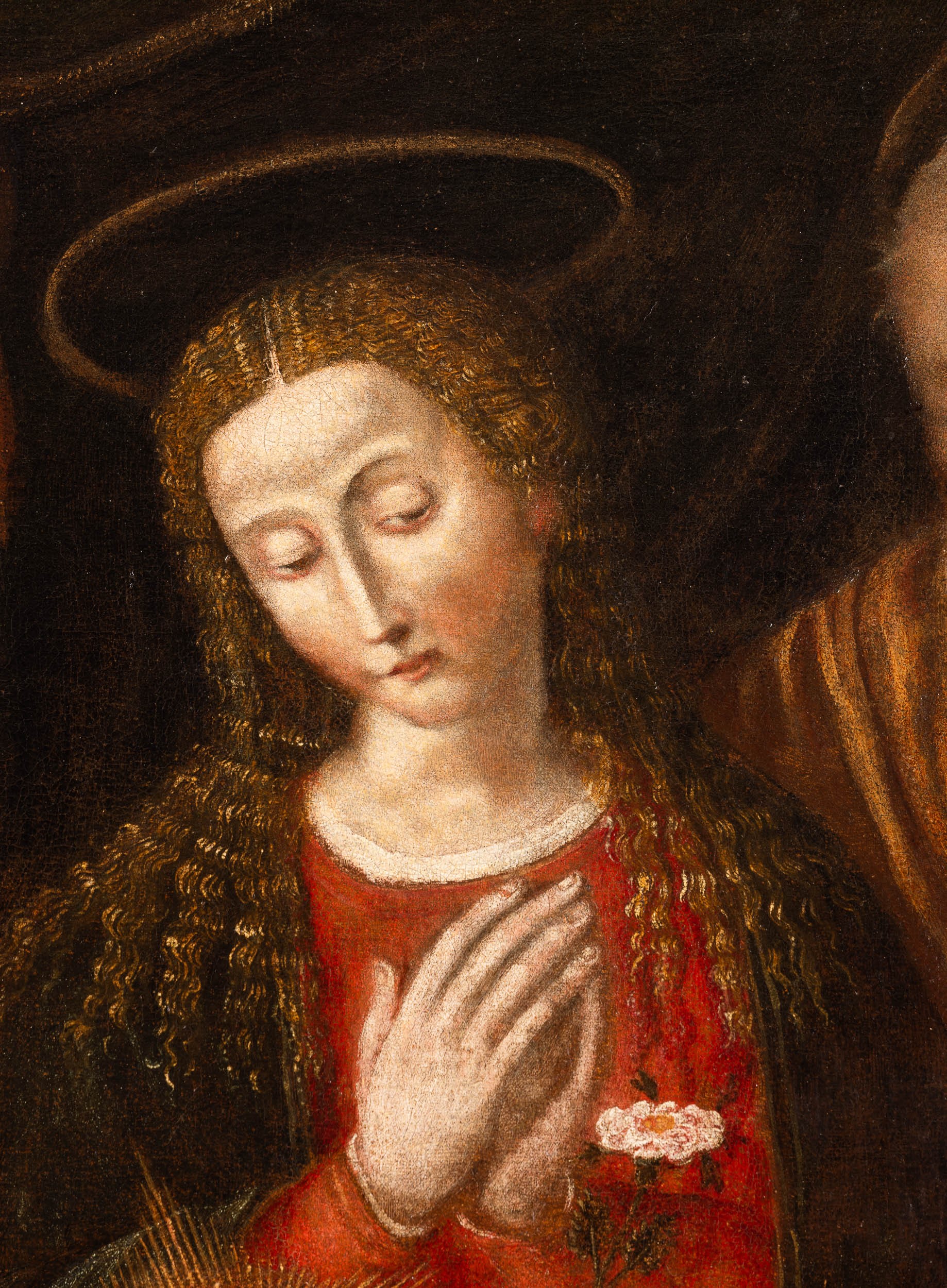 Scuola del XVII secolo, Sacra Famiglia con angelo, olio su tela