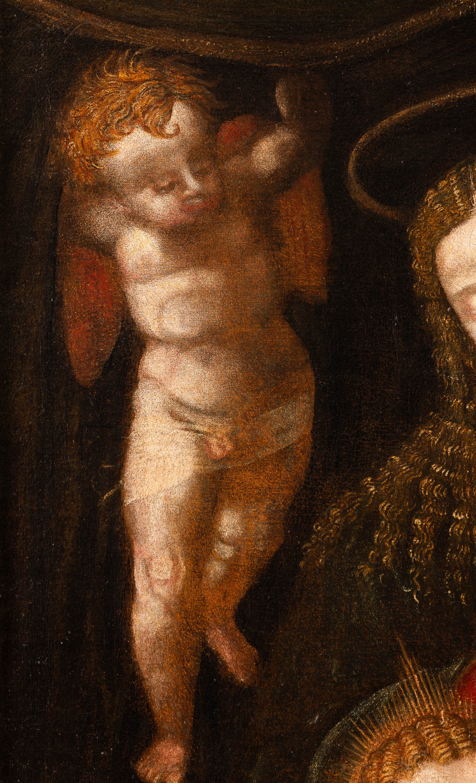 Scuola del XVII secolo, Sacra Famiglia con angelo, olio su tela