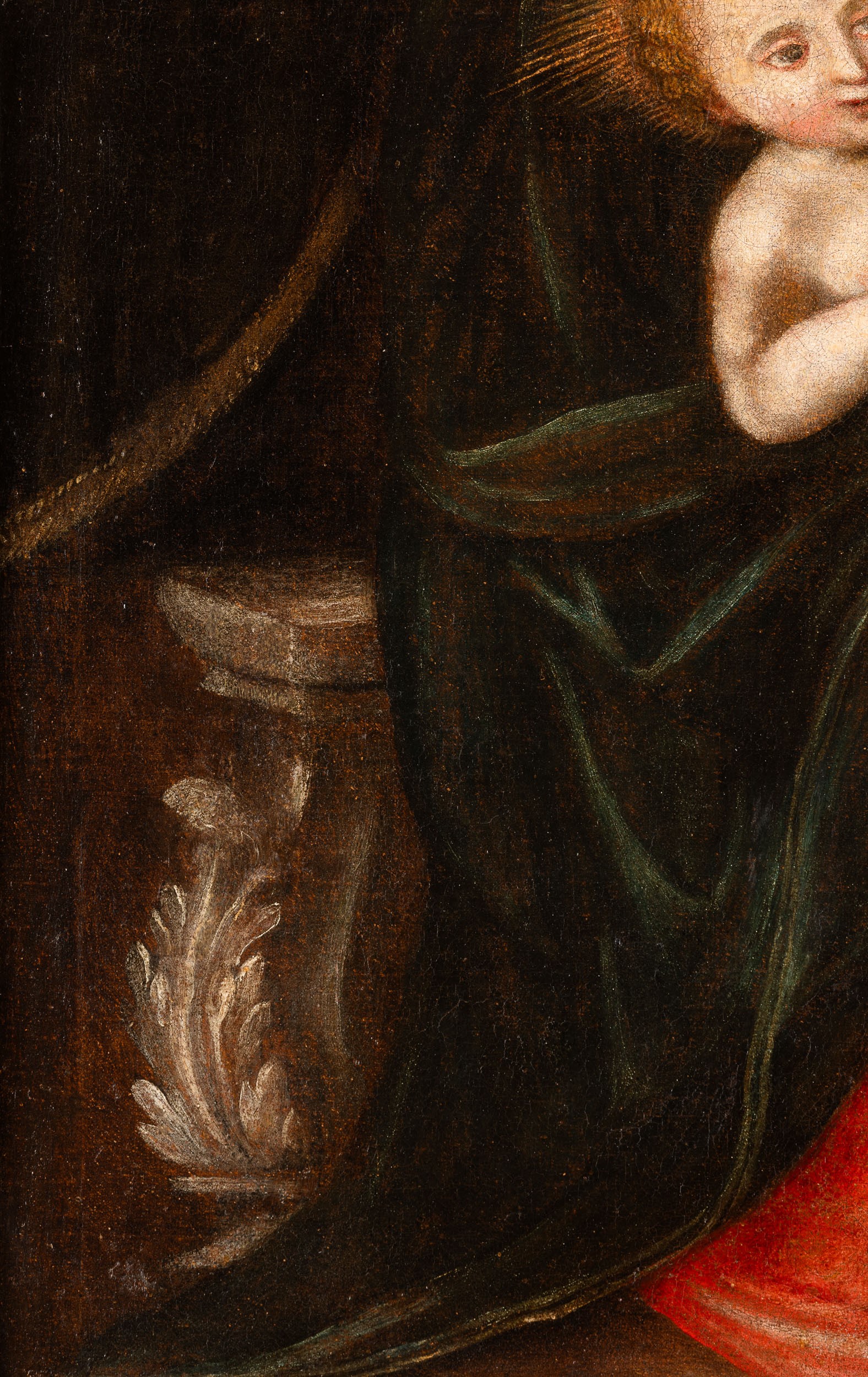 Scuola del XVII secolo, Sacra Famiglia con angelo, olio su tela