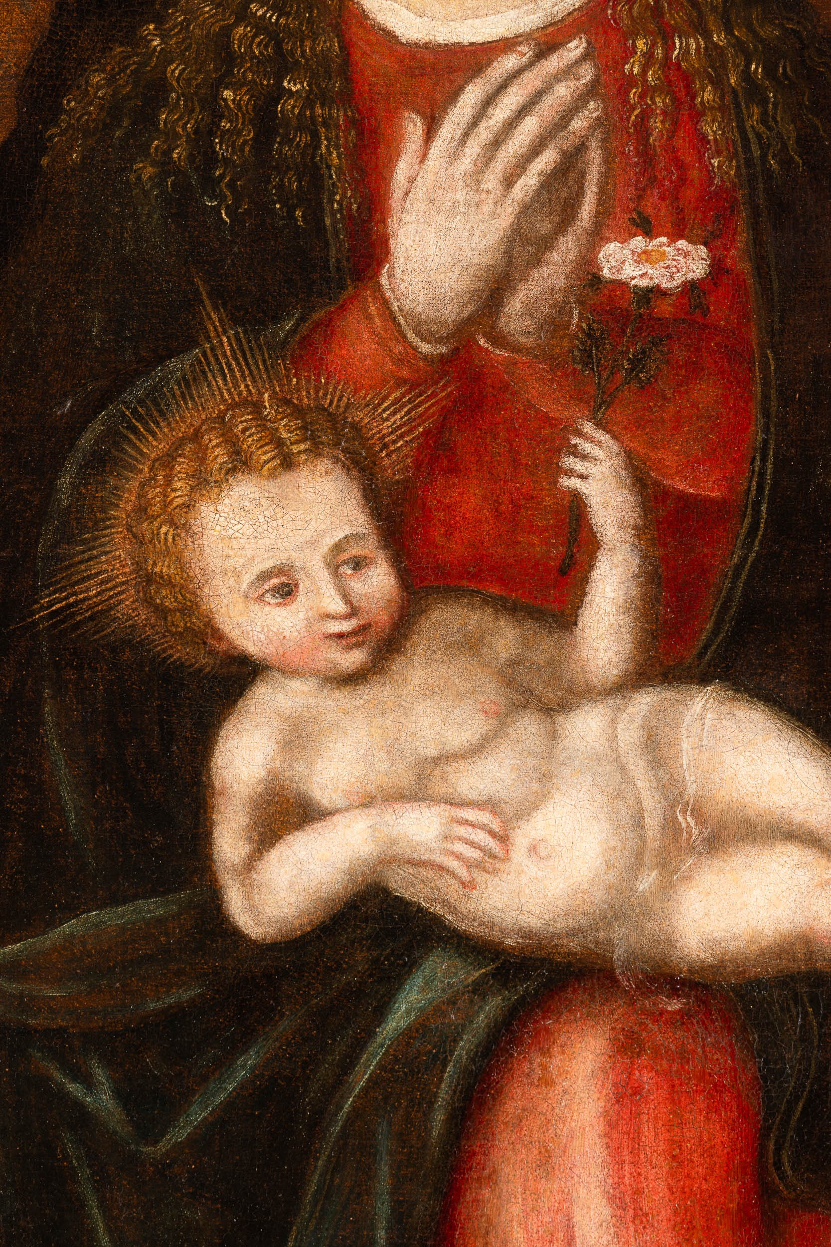 Scuola del XVII secolo, Sacra Famiglia con angelo, olio su tela