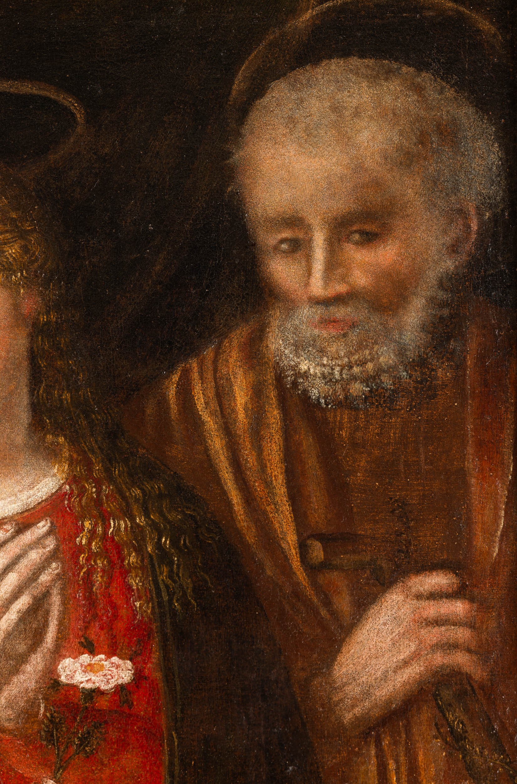 Scuola del XVII secolo, Sacra Famiglia con angelo, olio su tela