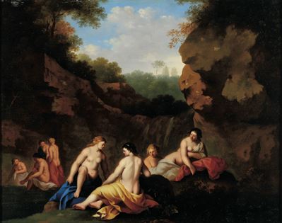 Ninfe al bagno, olio su tavola