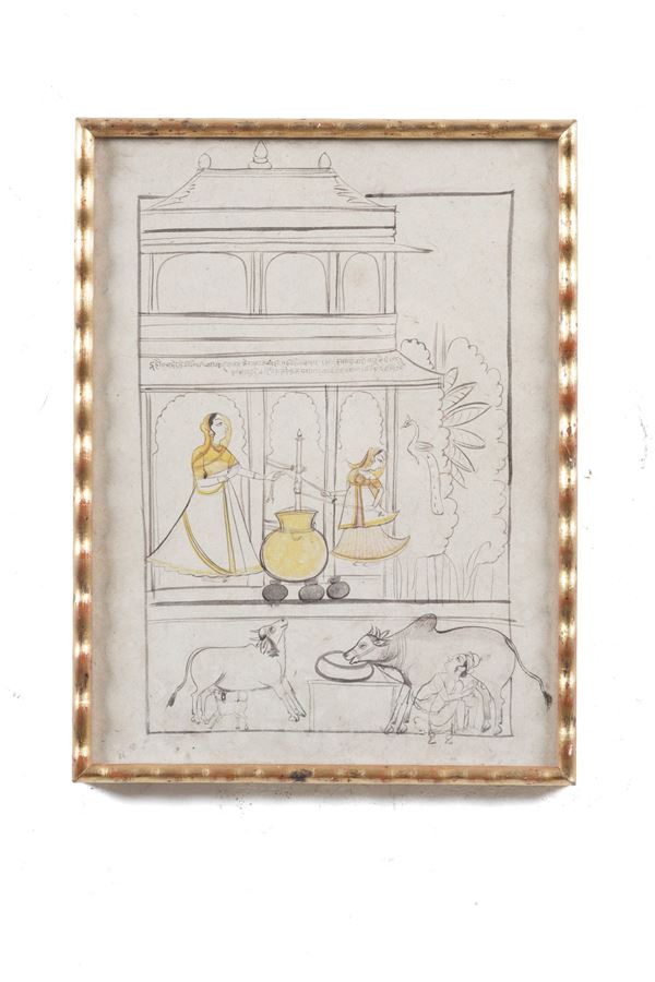 India, disegno con scena di vita quotidiana