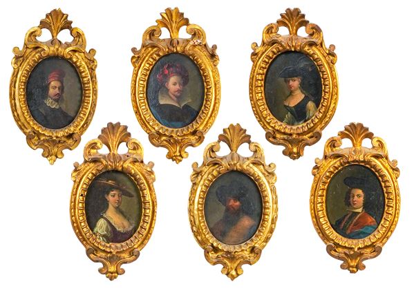 Gruppo di sei piccoli ritratti su rame entro cornici in legno intagliato e dorato