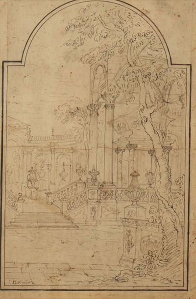 Capriccio con architetture e statua equestre, penna e inchiostro bruno su carta
