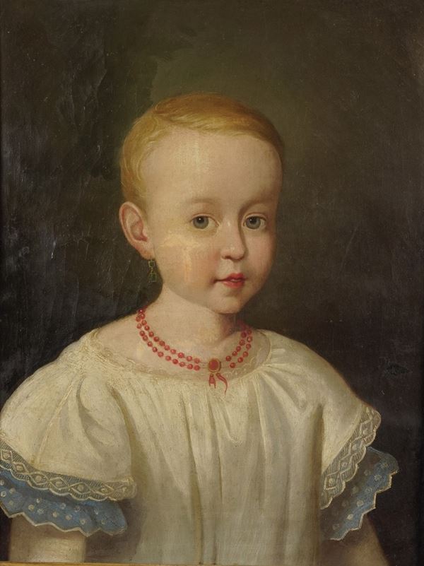 Scuola del XIX secolo Ritratto di infante con collana di corallo