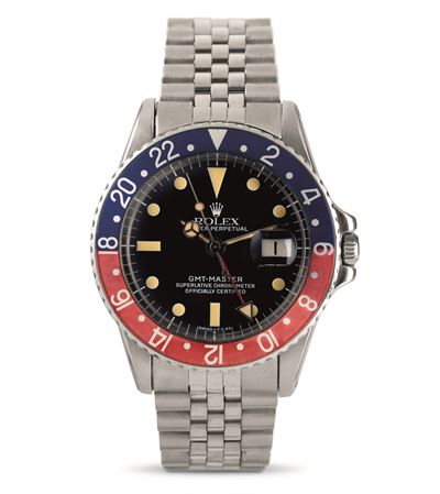 Gmt Master Pepsi Ref. 1675 in Acciaio con Ghiera Girevole Bicolore, Quadrante Nero Opaco Palletto...