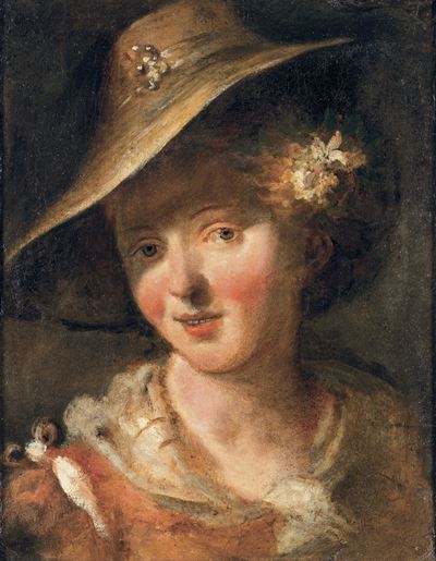 Ritratto di giovane donna con cappello, olio su tela