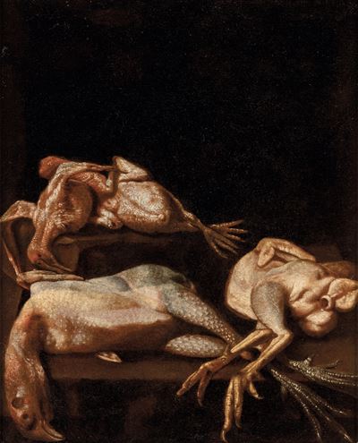 Natura morta con pollame vario, olio su tela