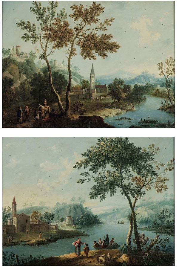 Giovan Battista Cimaroli - Paesaggi fluviali con figure e villaggi sullo sfondo