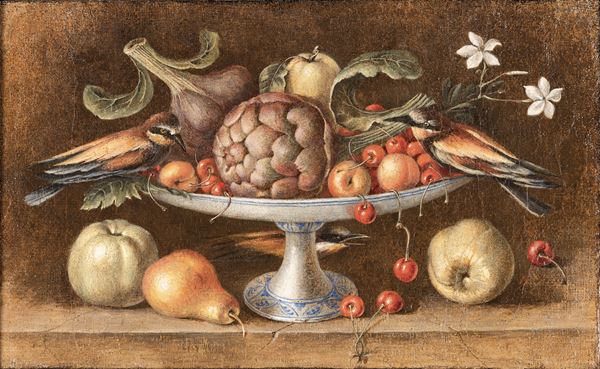 Orsola Maddalena Caccia - Natura morta con alzatina di frutta e tre gruccioni