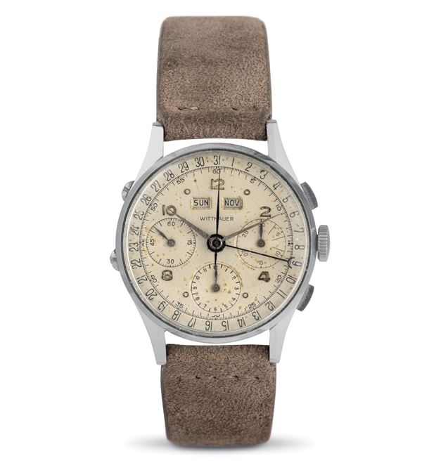WITTNAUER - Dato-Compax steel, triple calendar chronograph, square keys complete box and guarantee