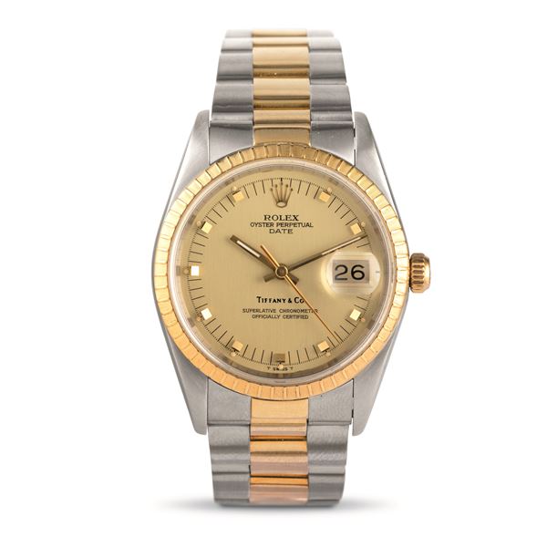 Rolex - Rare Date ref 15203, Tiffany double signed dial with oblique markers, knurled bezel, self-winding Oyster bracelet