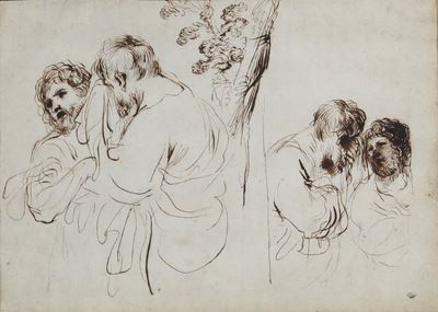 Studio di quattro figure in un paesaggio, penna e inchiostro bruno su carta